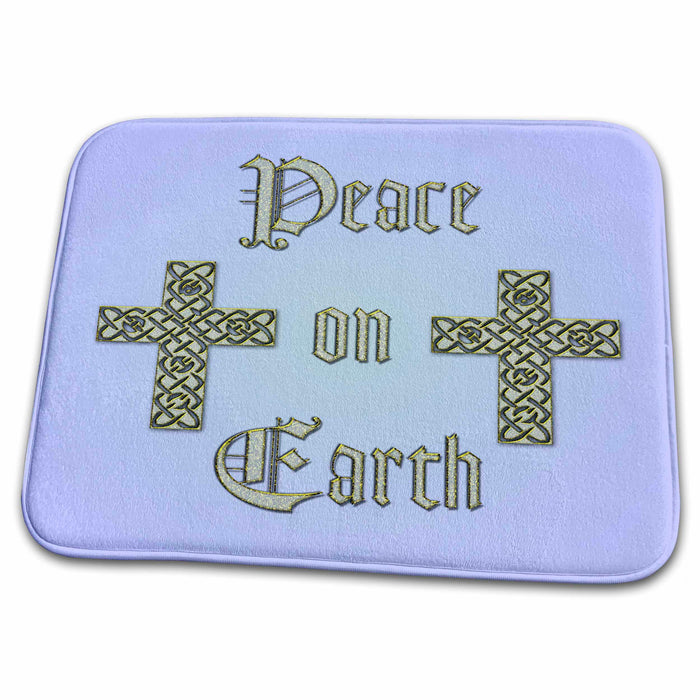 Dish Drying Mat - Sparkling silver Peace On Earth text design with crosses on a pastel blue background Designs Holidays