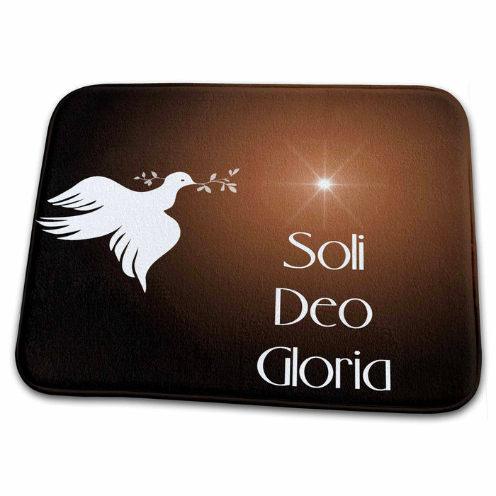 Dish Drying Mat - Dove with an olive branch, bright star and Soli Deo Gloria, Glory to God Alone. on orange brown bk. Designs Text Art