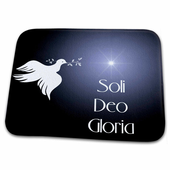 Dish Drying Mat - Dove with an olive branch, bright star and Soli Deo Gloria, Glory to God Alone. on dark blue bk.. Designs Text Art