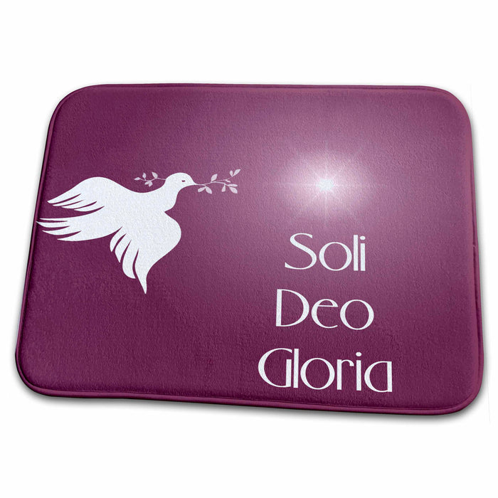 Dish Drying Mat - Dove with an olive branch, bright star and Soli Deo Gloria, Glory to God Alone. on red brown bk. Designs Text Art