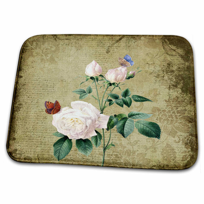 Dish Drying Mat - Vintage White Roses and Butterflies Art PS Vintage