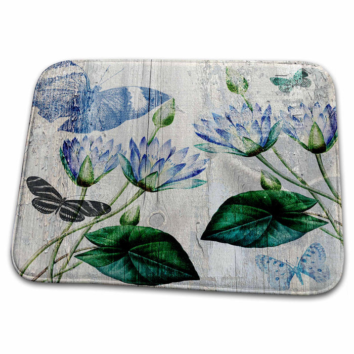 Dish Drying Mat - Lilac Water Lilies and Butterflies Vintage Botanical PS Vintage