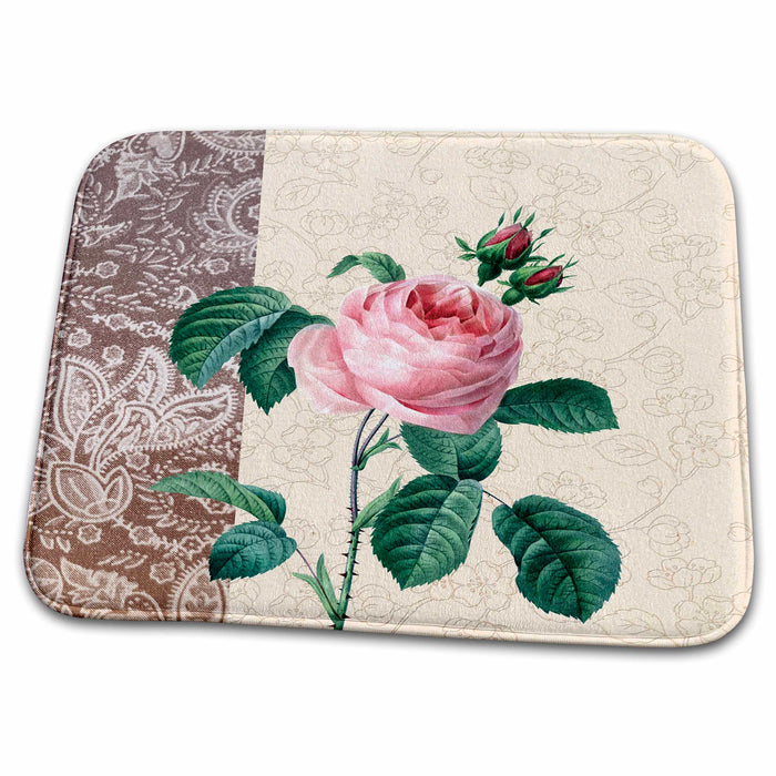 Dish Drying Mat - Pretty Pink Rose Vintage Botanical PS Vintage