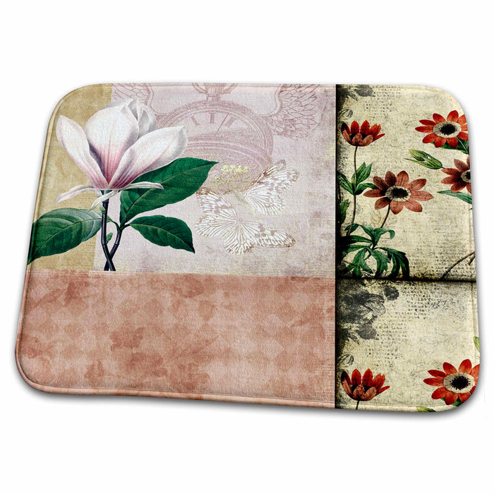 Dish Drying Mat - Vintage Anemones and Magnolia Collage Art PS Vintage