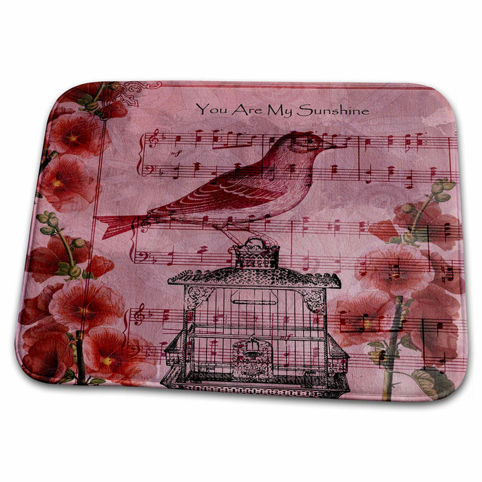 Dish Drying Mat - Vintage Hollyhocks Bird with Song You Are My Sunshine PS Vintage