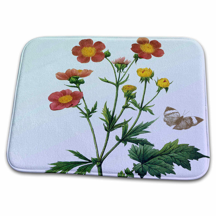 Dish Drying Mat - Vintage Red Flowers with Butterfly PS Flowers