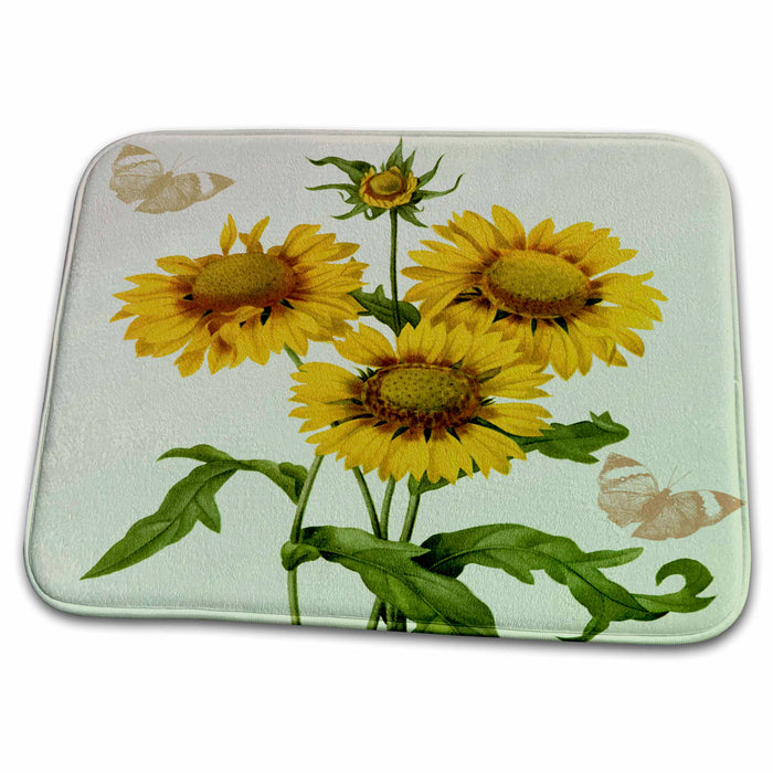 Dish Drying Mat - Vintage Yellow Flowers with Brown Butterflies PS Flowers