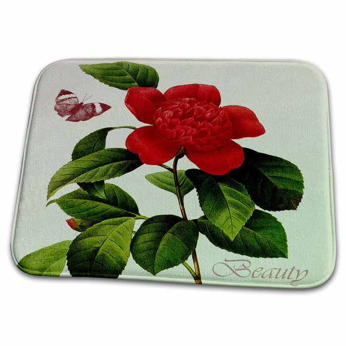 Dish Drying Mat - Vintage Beauty Red Flower with Butterfly PS Flowers