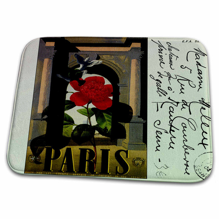 Dish Drying Mat - Vintage Paris Travel Postcard with Red Flower PS Vintage