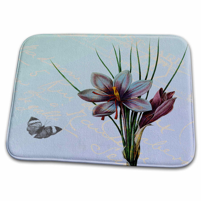 Dish Drying Mat - Vintage Purple Botanical with Butterfly PS Flowers