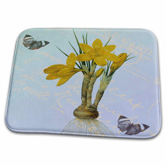 Dish Drying Mat - Yellow Flowers Vintage with Butterflies PS Flowers