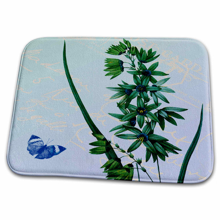 Dish Drying Mat - Vintage Blue Flowers with Butterfly PS Flowers