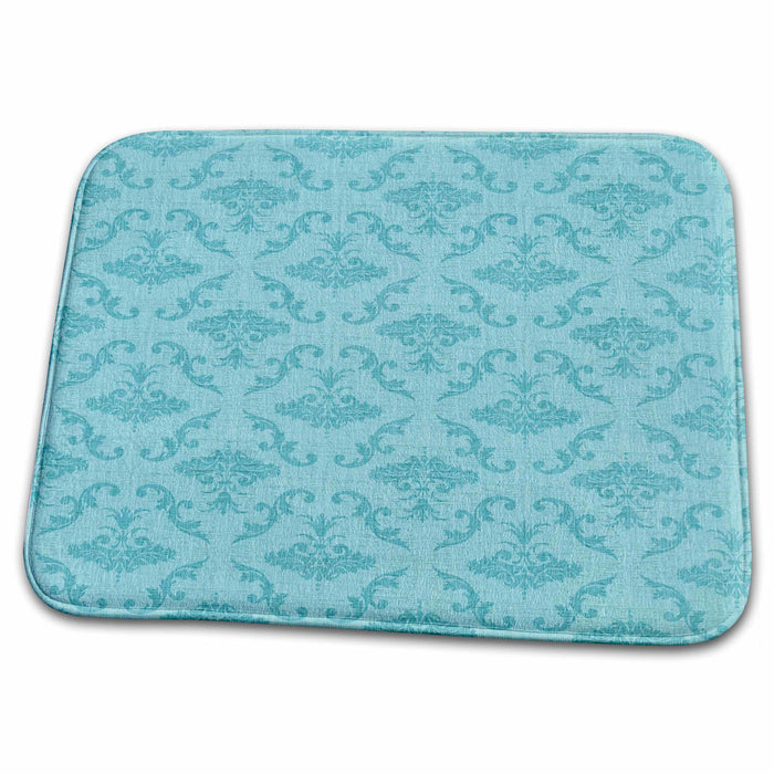 Dish Drying Mat - Aqua Blue Textured Look Damask Pattern PS Vintage