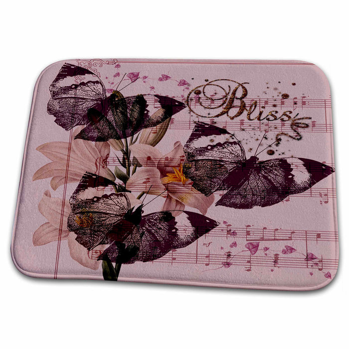 Dish Drying Mat - Bliss Pink Butterflies and Lilies with Song Sheet- Music PS Vintage