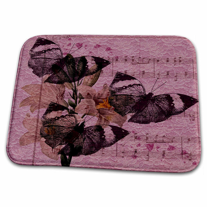 Dish Drying Mat - Lacy Pink Butterflies and Lilies Vintage Art PS Vintage