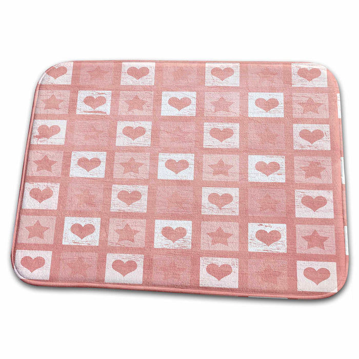 Dish Drying Mat - Antique Style White and Pink Hearts and Stars PS Vintage