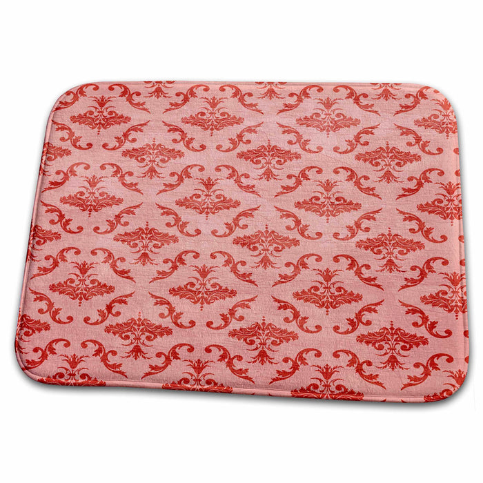 Dish Drying Mat - Red and Pink Vintage Style Damask Pattern PS Vintage