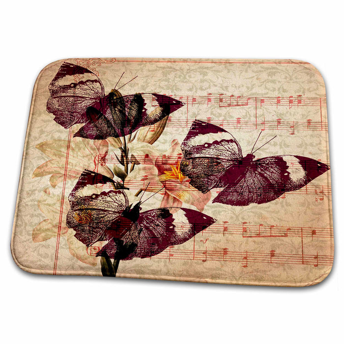 Dish Drying Mat - Vintage Song Sheet with Red Butterflies and Lilies PS Vintage