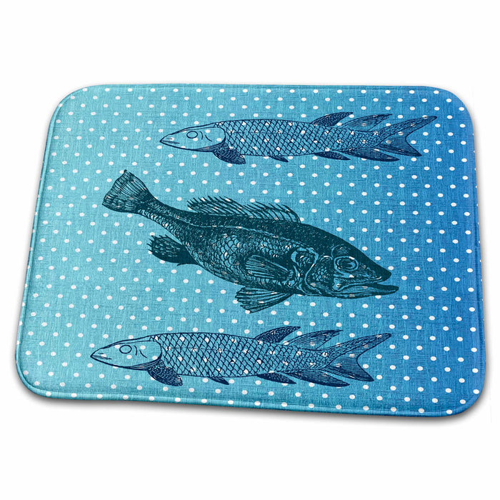 Dish Drying Mat - Three Blue Fish with Polka Dots- Beach Themed Art PS Beach