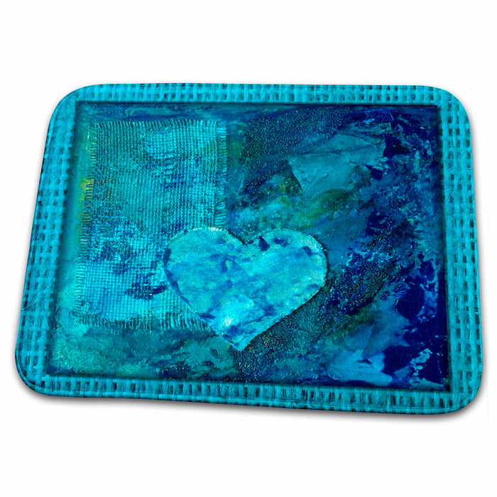 Dish Drying Mat - Blue Abstract Collage Heart Painting Designs General Themes