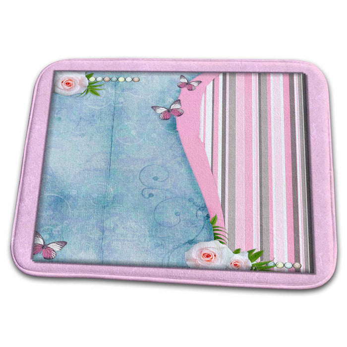 Dish Drying Mat - Blue with Pink Roses and Butterfly Designs General Themes