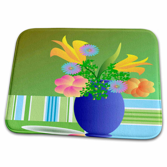 Dish Drying Mat - Bouquet of Flowers on Stripes Designs Flower Themes