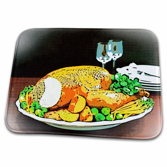 Dish Drying Mat - Cartoon of Thanksgiving Turkey Dinner Designs - Thanksgiving - Holiday Themes