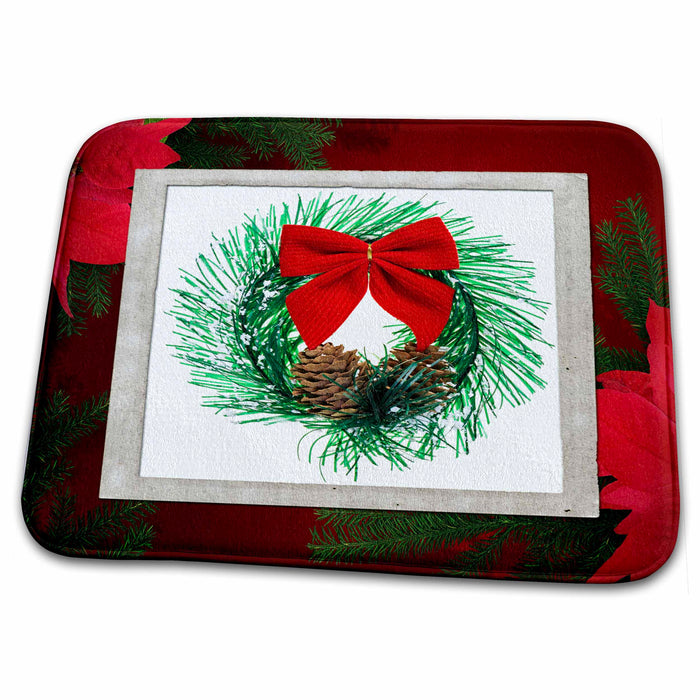 Dish Drying Mat - Christmas Wreath with Pine Cones on Poinsettias Designs - Christmas - Holiday Themes