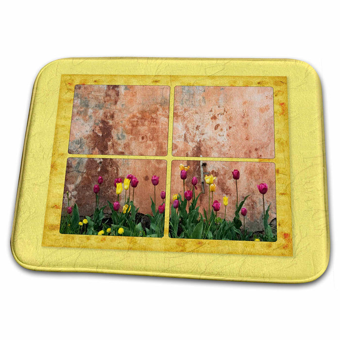 Dish Drying Mat - Grunge Wall with Tulips Designs Flower Themes