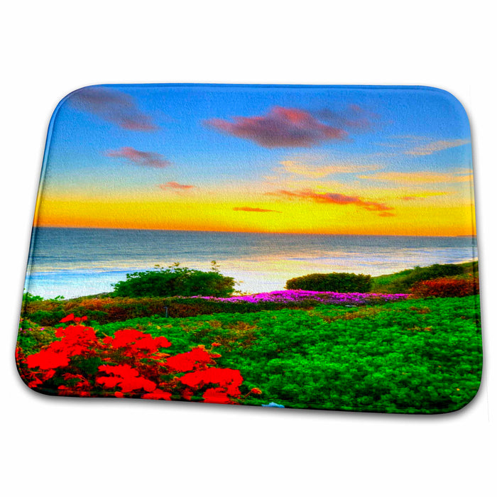 Dish Drying Mat - Ocean art with a pretty valley and pretty flowers Nature