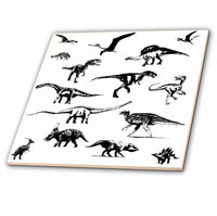 3dRose Alexis Design - Dinosaurs - Images of Dinosaurs of Different Kinds. Black on White Background - Tiles