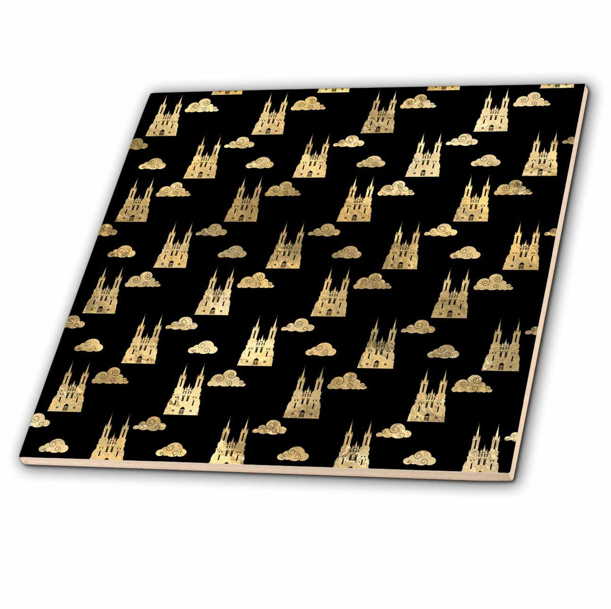 3dRose Cute Black and Image of Gold Princess Castles and Clouds Pattern - Tiles (ct_326598)