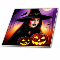 Tiles - Captivating Witch Lady with Jack-o-Lanterns, Bats, and Moon - 3dRose Halloween Collection