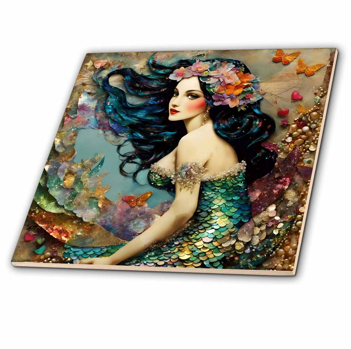 3dRose Cassie Peters Digital Art - Beautiful Mermaid Collage - Tiles (ct-385428)