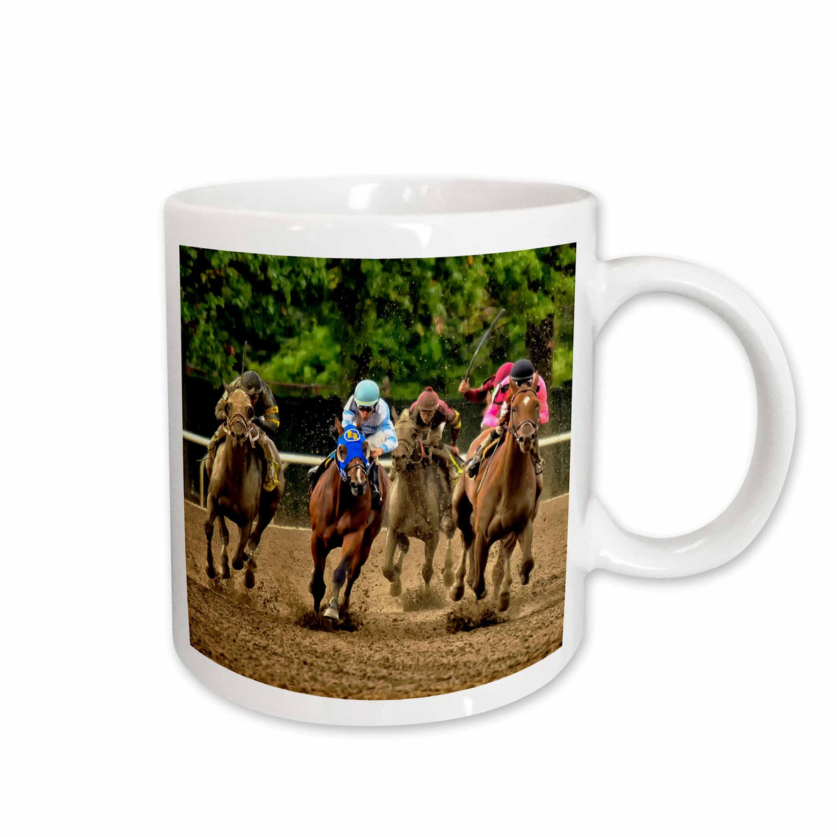 3dRose Horses and jockeys racing to finish line, mud flying - Mugs (mug_98372)