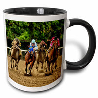 3dRose Horses and jockeys racing to finish line, mud flying - Mugs (mug_98372)