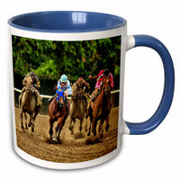 3dRose Horses and jockeys racing to finish line, mud flying - Mugs (mug_98372)