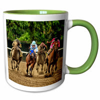 3dRose Horses and jockeys racing to finish line, mud flying - Mugs (mug_98372)