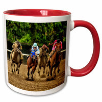 3dRose Horses and jockeys racing to finish line, mud flying - Mugs (mug_98372)