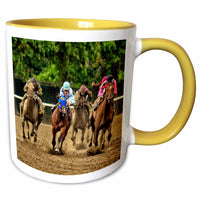 3dRose Horses and jockeys racing to finish line, mud flying - Mugs (mug_98372)